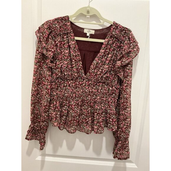 Burgundy Tops - Entro Top Large Burgundy Long Sleeve Floral Print Ruffle Rouching
